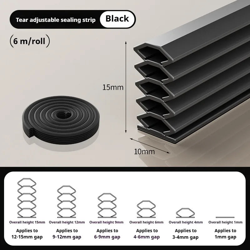 6M Tearable Weather Strip Anti-theft Door Multi-layer Windproof Dust-proof Self-adhesive Sound Insulation Window Gap Seal Strip Qme Black 1pc