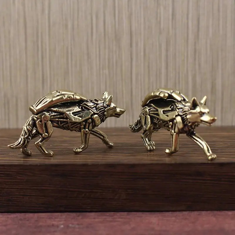 Pure Brass Wolf Statue Desktop Ornament Tea Set, Vintage Bronze Animal Figurine Miniature Decoration Qme