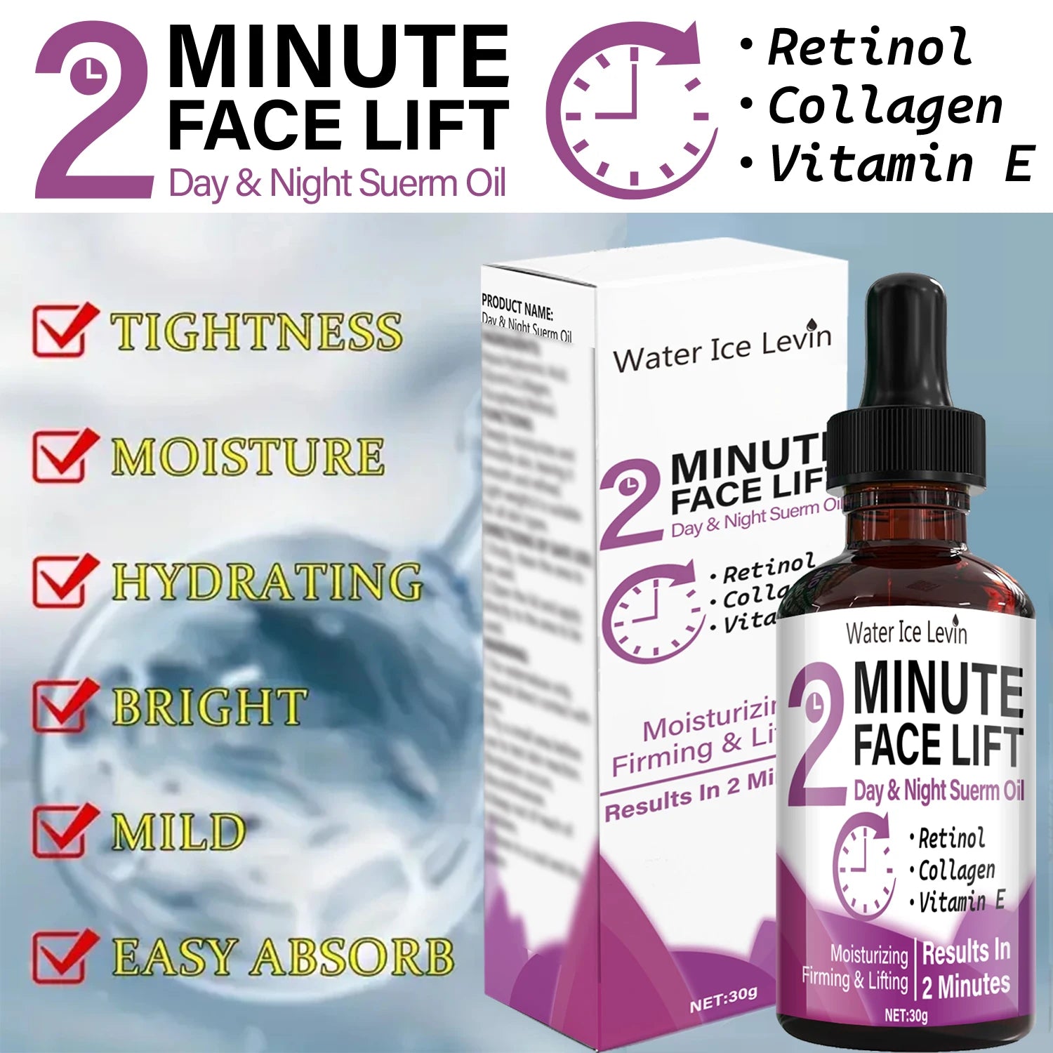 Minute Face Lift Day & Night Serum Oil with Retinol & Collagen - Moisturizing, Firming & Lifting in 2 Minutes Qme