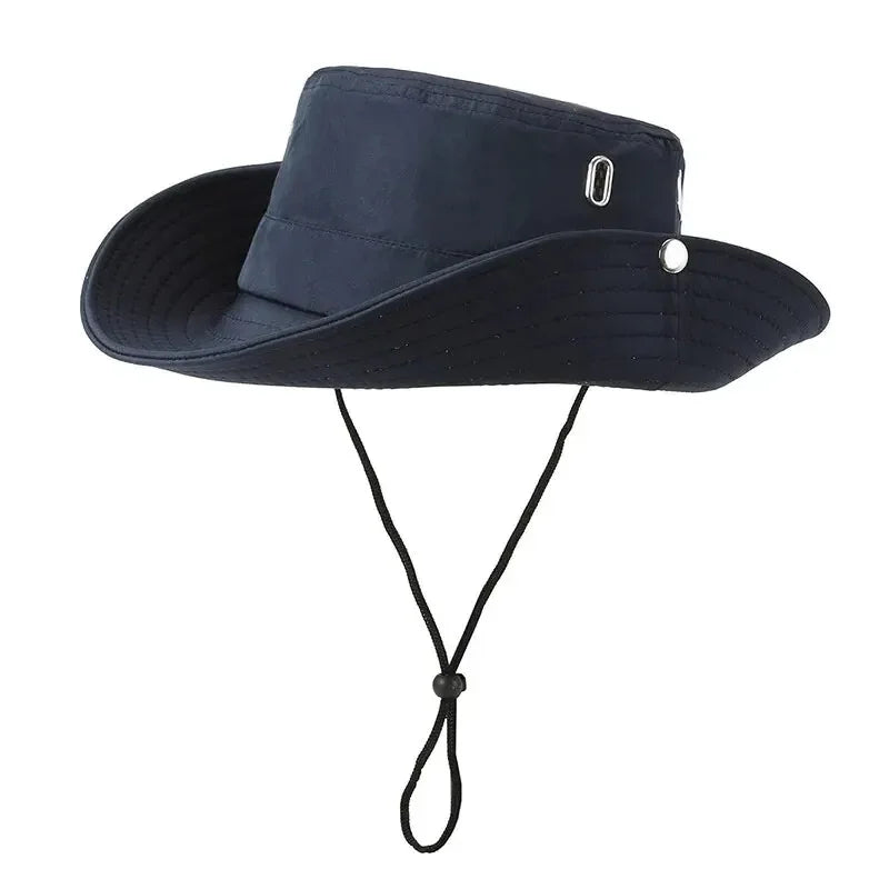Windproof Men Outdoor Hat Wide Brim Flat Top Men Camping Hat Letter Print Anti-UV Strap Hollow Out Men Fisherman Hat Headwear Qme ZL