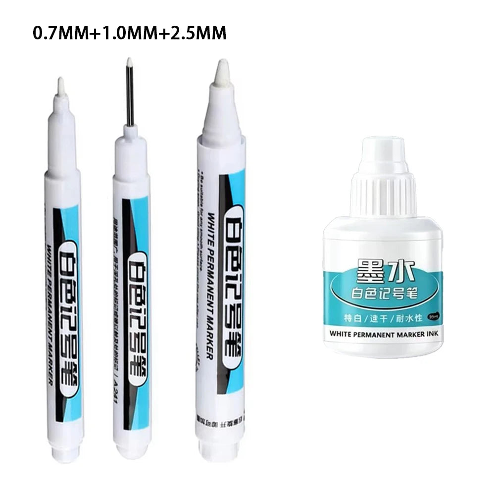 White Marker Pens 0.7/1.0/1.5/2.5mm Oily Waterproof White Gel Pen And Ink DIY Graffiti Markers Stationery Wrting Supplies Qme 3 Pens - 1 ink