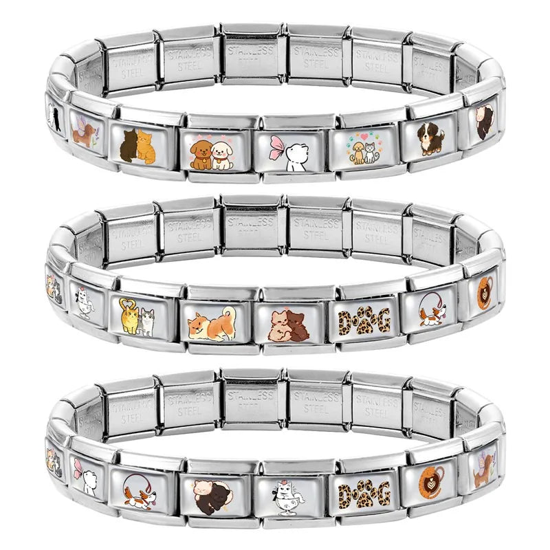 Fashion Pink Heart Dogs Cats Colorful Pets Animals Italian Charm Fit 9mm Stainless Steel Women Fashion Bracelet DIY Jewelry Gift Qme