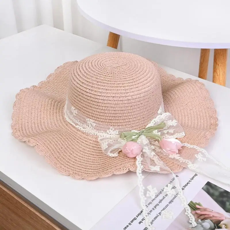 Summer Flower Straw Hat Foldable Sun Wide Large Brim Beach Hats Qme Light pink