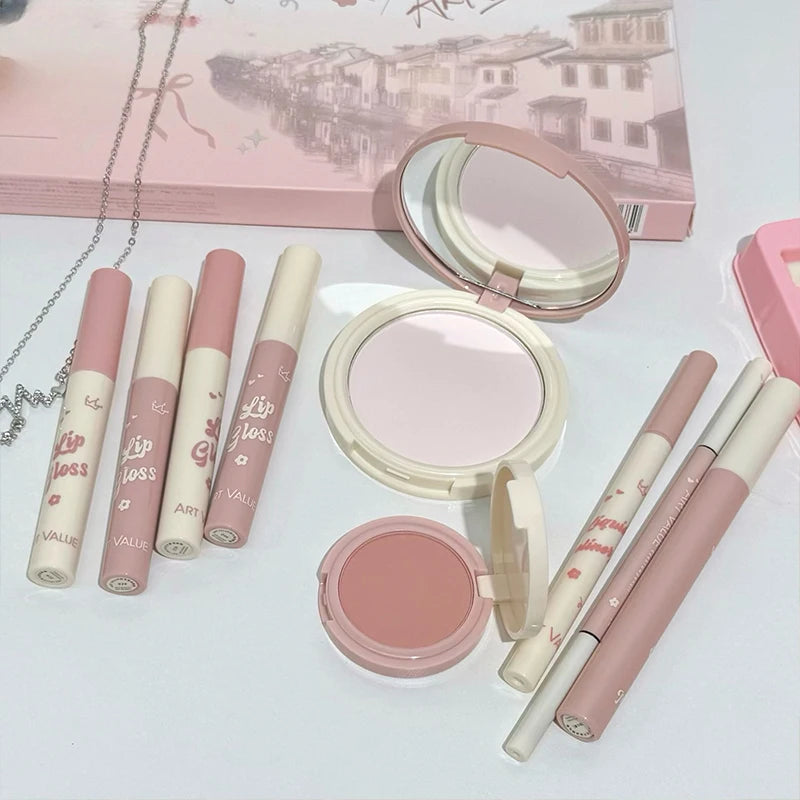 ART VALUE Makeup Set Include 4 Lip Glaze,1 Pressed Powder,1 Blush,1 Eyeliner,1 Eyebrow Pencil,1 Mascara With Necklce Cosmetics Qme