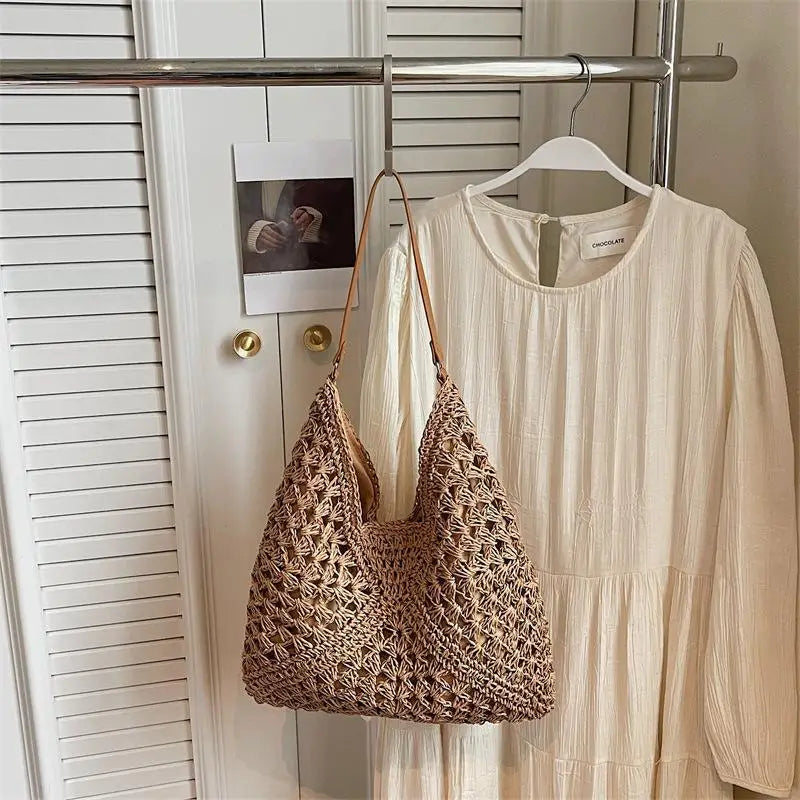 Women's Woven Straw Shoulder Tote: Medium with Handle - Large Capacity Vacation Handbag for Summer Shopping & Travel Qme B