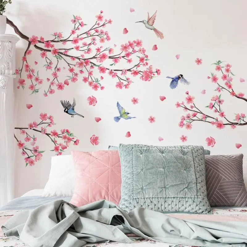 Large Cherry Blossom Wall Stickers Pink Flowers Tree Branch Birds Qme
