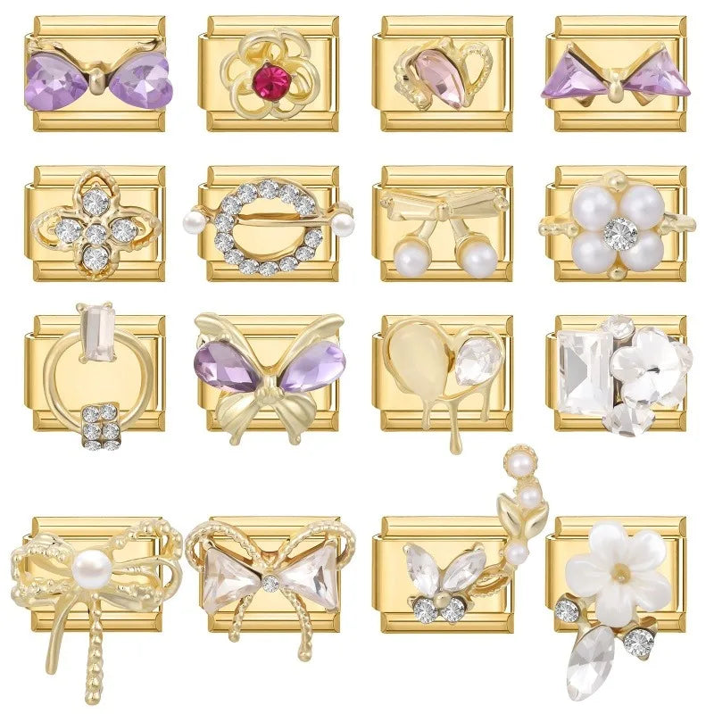 Premium Gold Color Zircon Bowknot Italian Charm Bracelet Stainless Steel Elastic Bracelet Link Bangle DIY Women Men Jewelry Gift Qme