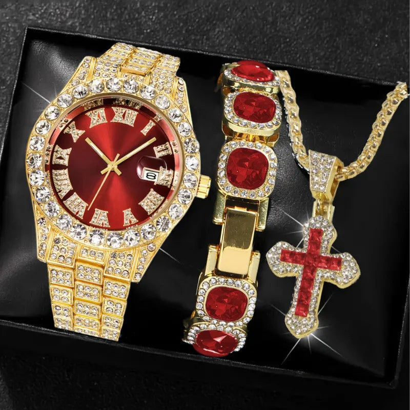 18 styles of hip-hop diamond studded quartz watches, sugar bracelets, cross necklaces, men's large dial set Qme