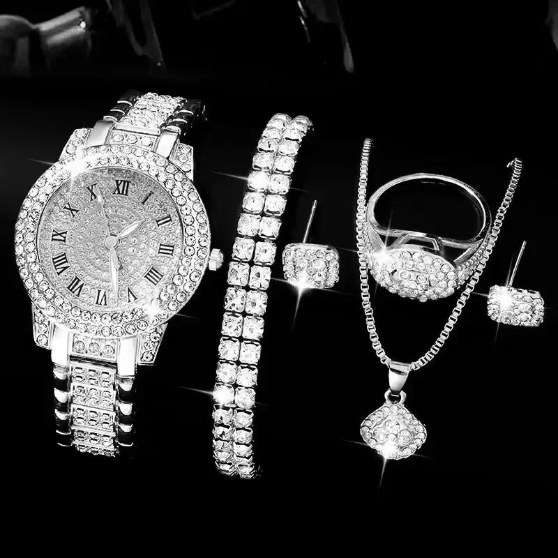 Golden Watch Women Ring Necklace Earrings Rhinestone Fashion Wristwatch Female Casual Ladies Watches Bracelet Set Clock Qme Silver