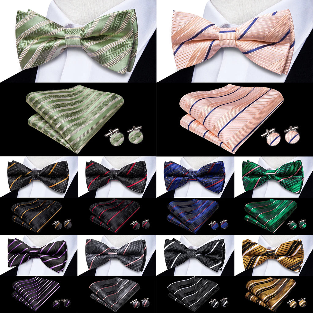 Hi-Tie Pea Green Silk Mens Striped Pre-tied Bow Tie Hanky Cufflinks Set Butterfly Knot Bowtie for Male Wedding Business Qme