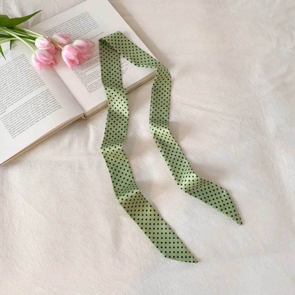 Retro Bow Ties Long Silk Scarf Ice Cream Printed Plaid Hair Band Qme Green