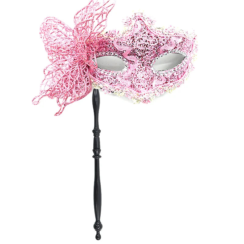 Halloween Party Mask With Holding Stick Evening Prom Masquerade Mask Stage Cosplay Props Half Face Masks For Women Qme Pink