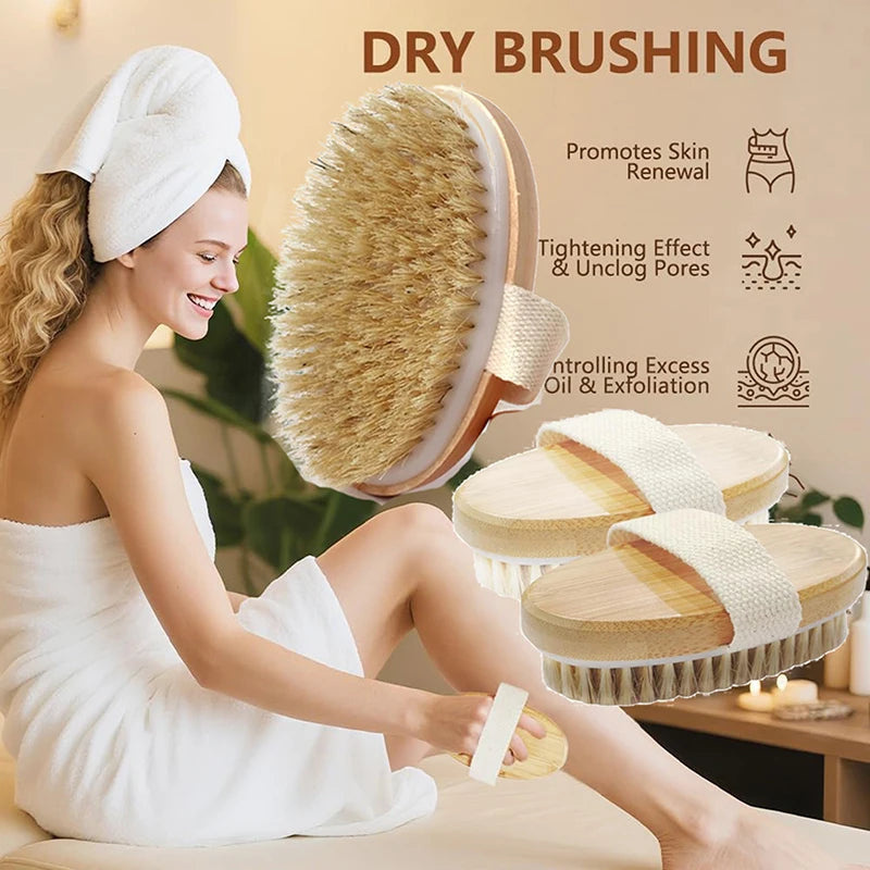 Natural Bristle Body Brush Soft Exfoliating Tool Dry Wet Use Home SPA Qme