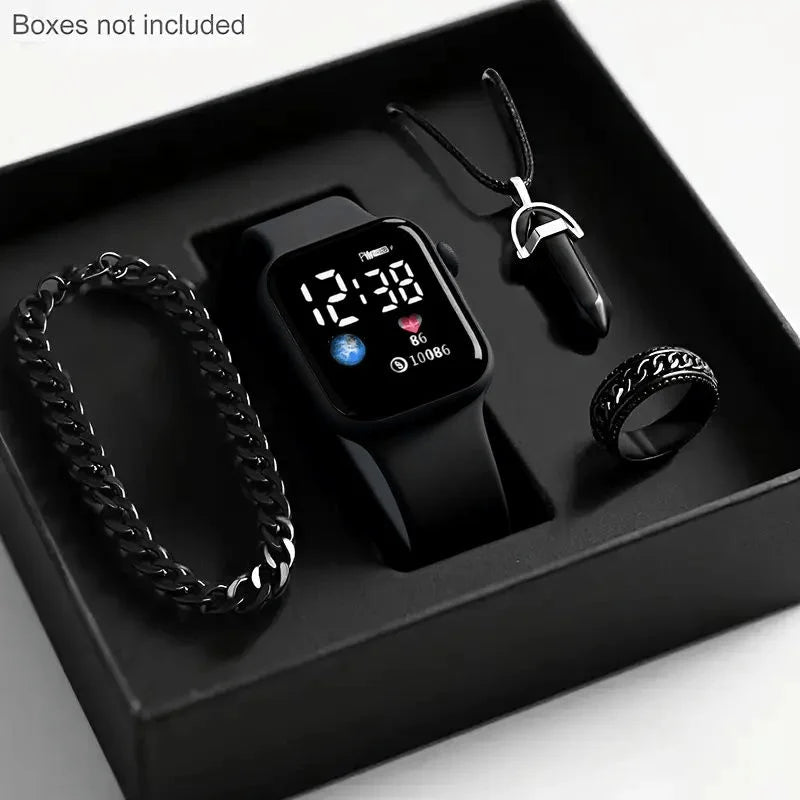 4-piece set for men and women | Fashionable, elegant, minimalist digital display electronic wrist Qme black