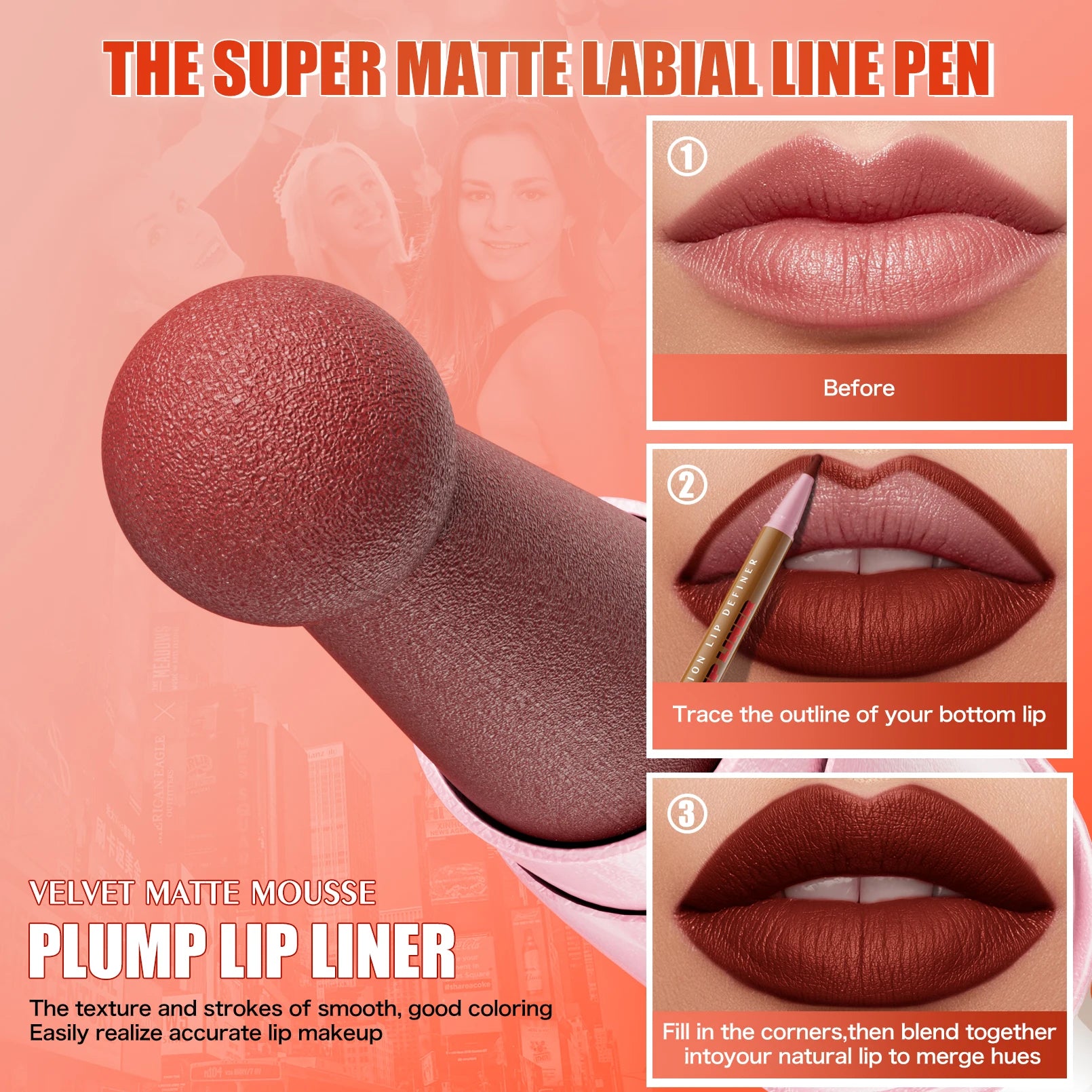 Longwear Liquid Lip Liner Waterproof, 24 Hour Long Lasting Lip Liner Stain Marker Pen, 2-in-1 Matte Semi Permanent Lipliner Qme