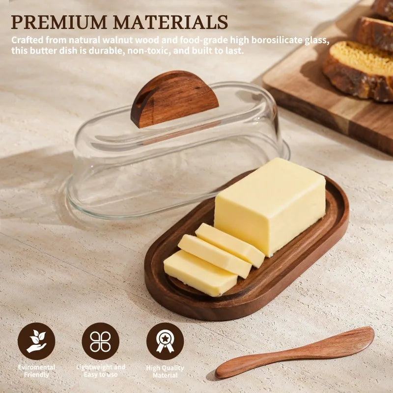 Premium Solid Wood Tray Tempered Glass Lid Reusable Butter Storage Qme