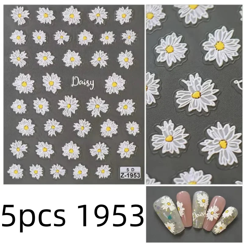5D Flower Daisy Embossed Stickers Nail Sliders Decals White Florals