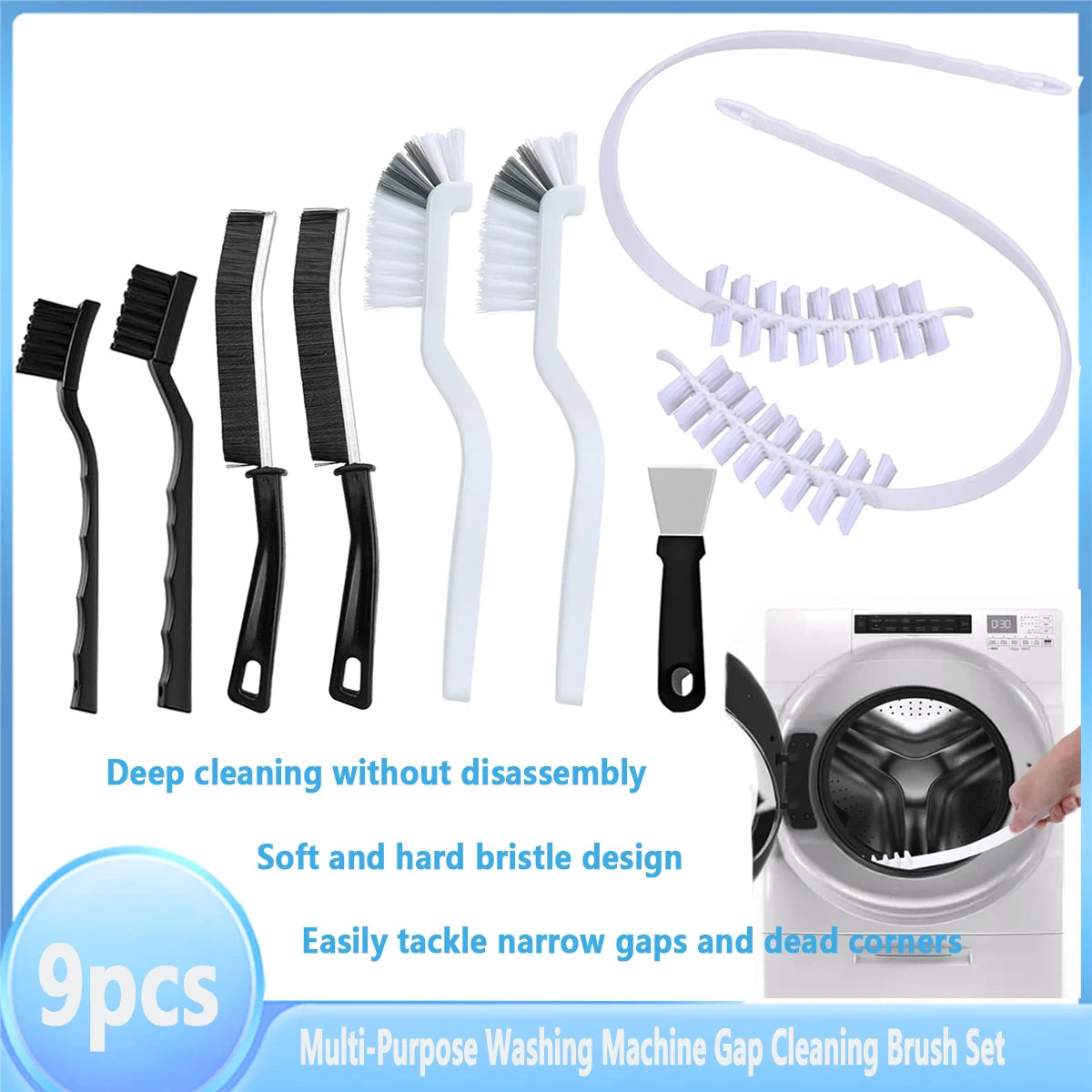Washing Machine Cleaning Brush,Dryer Vent Cleaner Kit,Crevice Brush for Bathroom, Shower & Kitchen Household Cleaning Tools Qme M-Brush-9