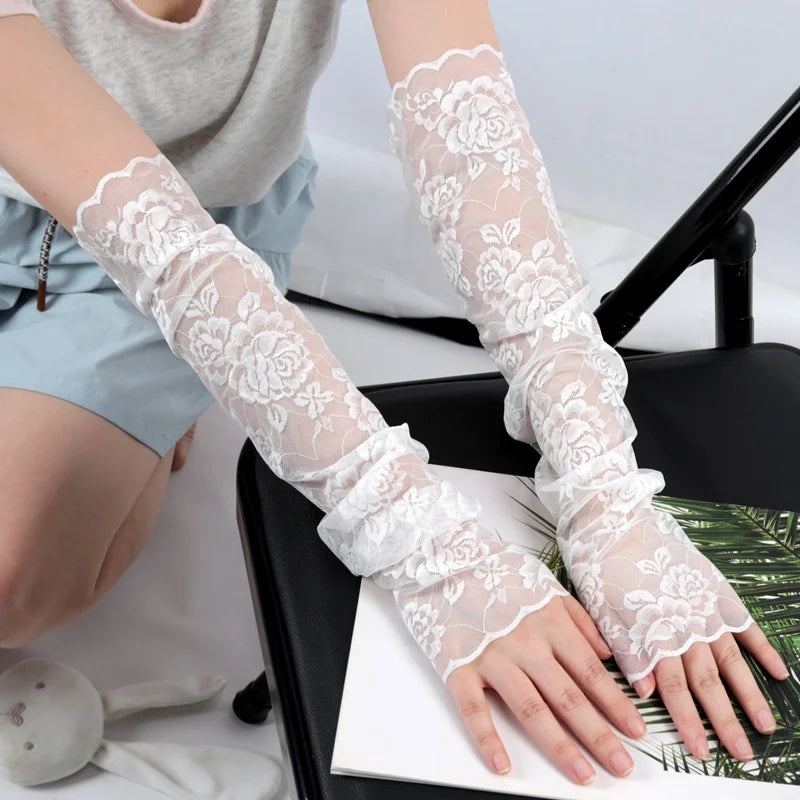 Summer Lace Hollow-out Fingerless Gloves Elastic Driving Cycling Qme WHITE
