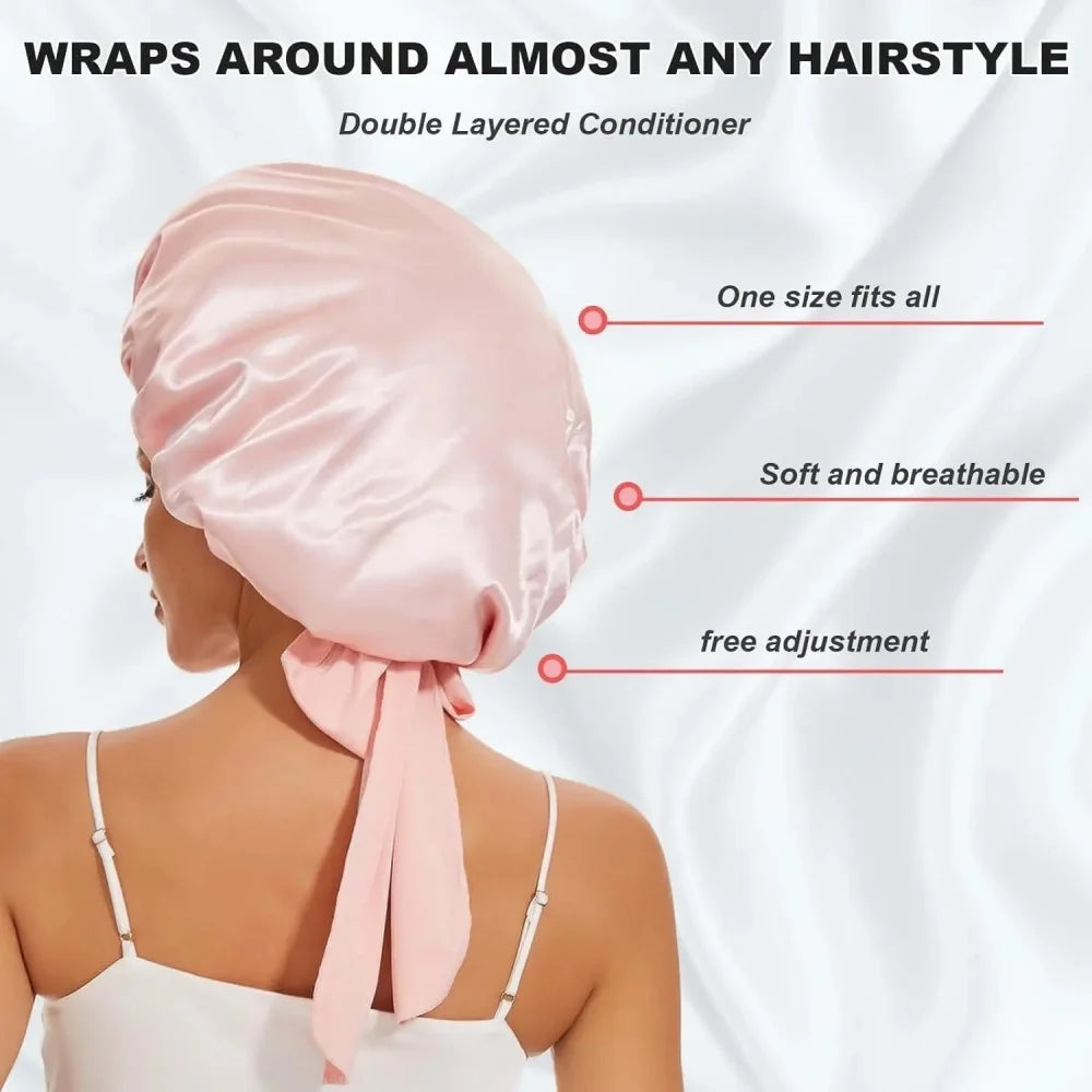 New Satin Solid Sleeping Hat With Stretchy Tie Band Elastic For Women Night Shower Cap Adjustable Hair Head Cover Bonnet Turban Qme