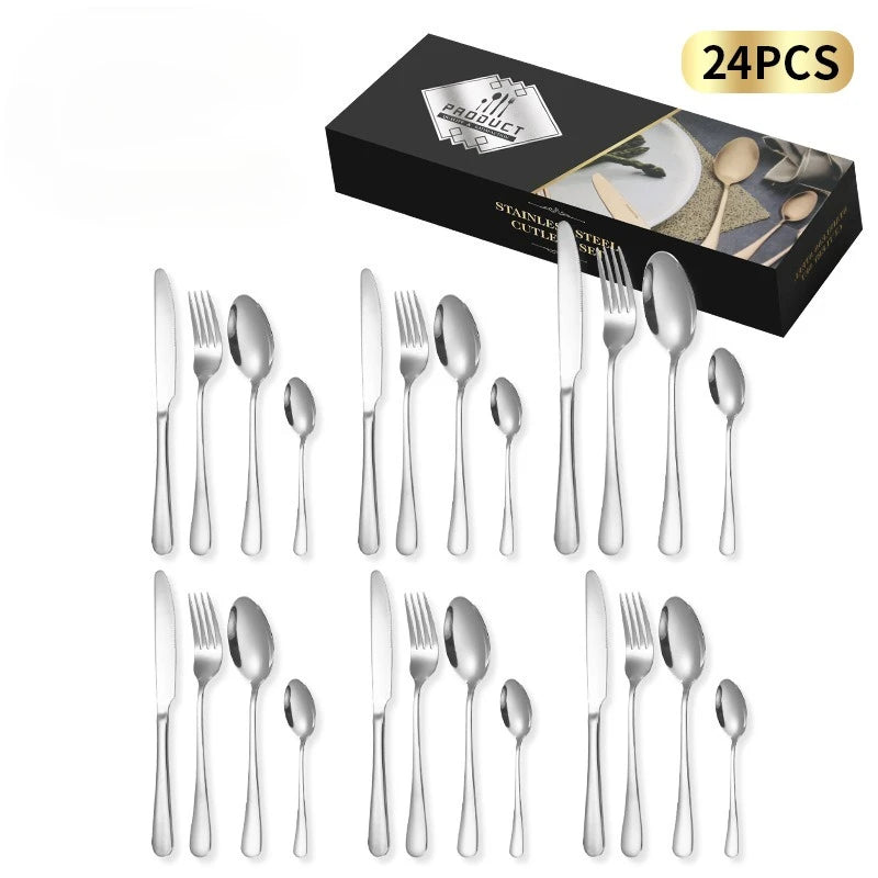 24-Piece Stainless Steel Tableware Set,Western Cutlery Steak Knife Fork Spoon, Gift Box Set for Home Restaurant Wedding Gift Qme