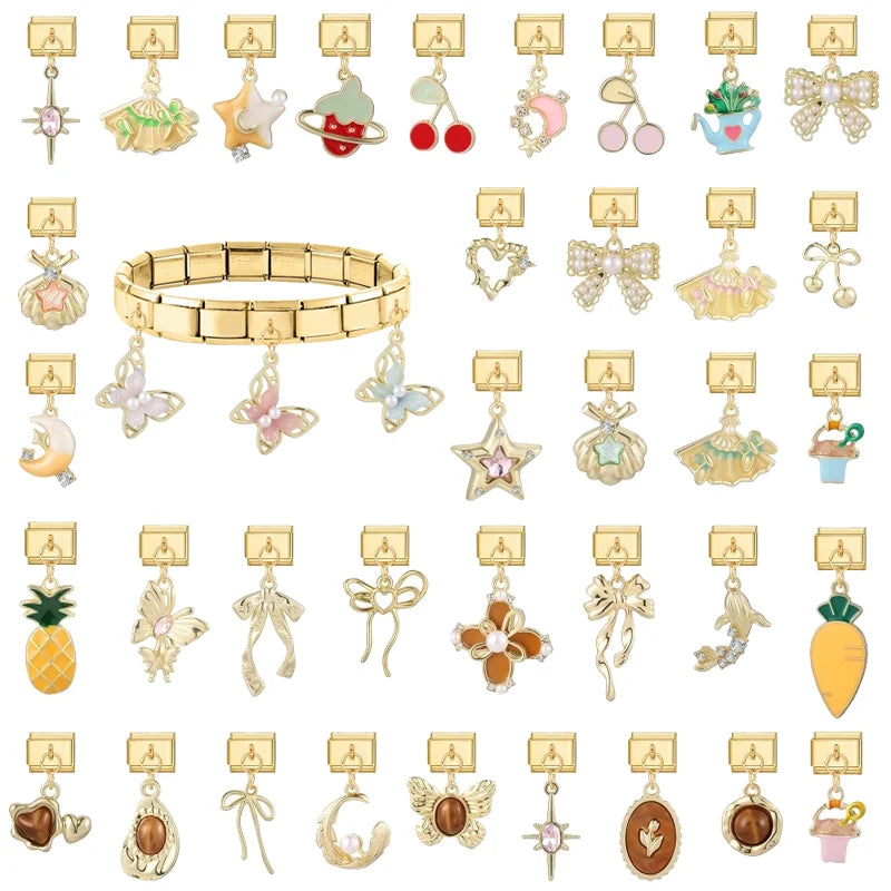 Y2k Charm Colored Butterfly Bowknot Leafs Italian Charm Links Fit 9mm Bracelet Stainless Steel DIY Jewelry Making Wholesale Qme