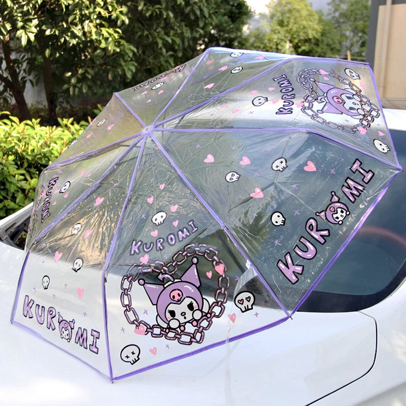 Hello Kitty Kuromi Cartoon Transparent Umbrella Fully Automatic Folding Thickened Three-Fold Student Umbrella Qme