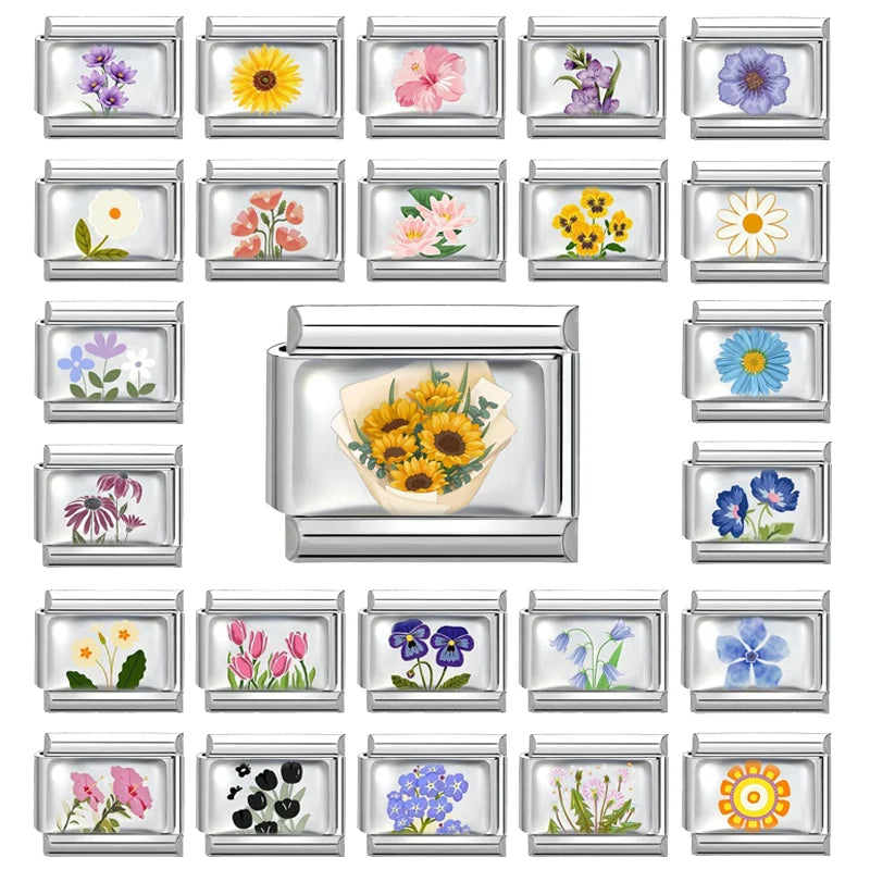 Colorful Brilliant Flowers Sunflower Lotus Tulip Charm Italian Link Fit 9mm Stainless Steel Bangles DIY Making Jewelry Bracelets Qme