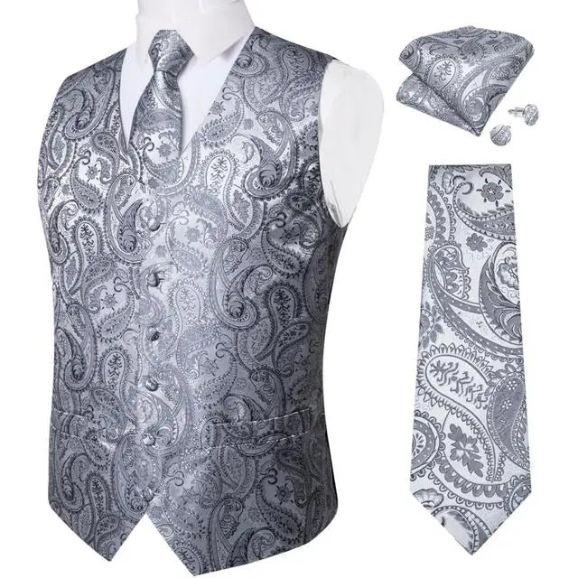 Men's Luxury Paisley Suit Vest & Tie Set – Formal Waistcoat with Necktie Pocket Square, Perfect for Weddings and Business Events Qme MJ-0103 XXXL
