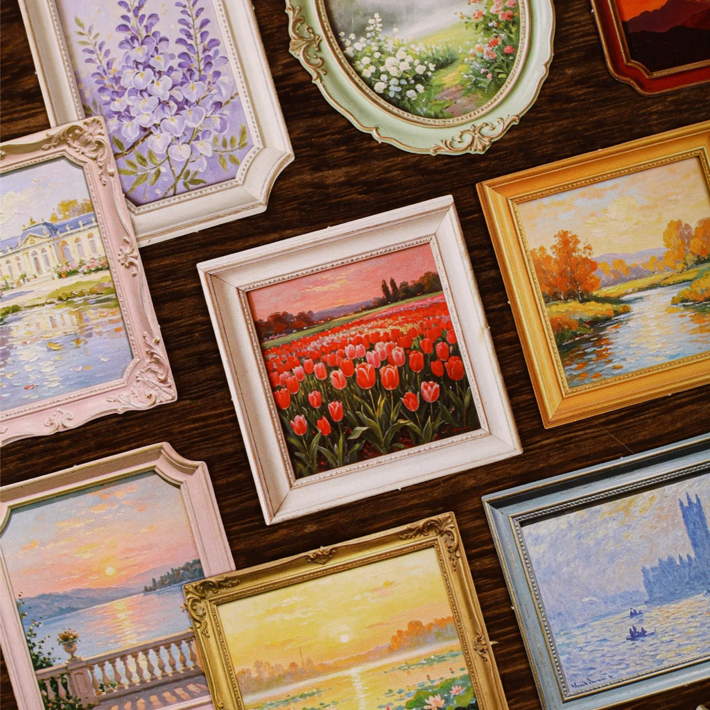 European Vintage Oil Painting Frame Stickers, Embossed Gold Rim Scenery Frames for Journal and Kuka Card Border Collage Qme