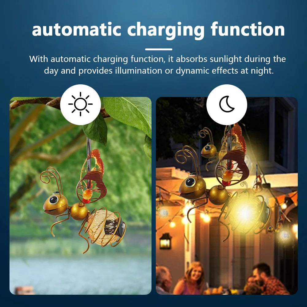 Solar-Powered Hanging Metal Bees Light Garden Decor Lady Sculpture with Bouncy Springs Summer Outdoor Art Decorations Qme