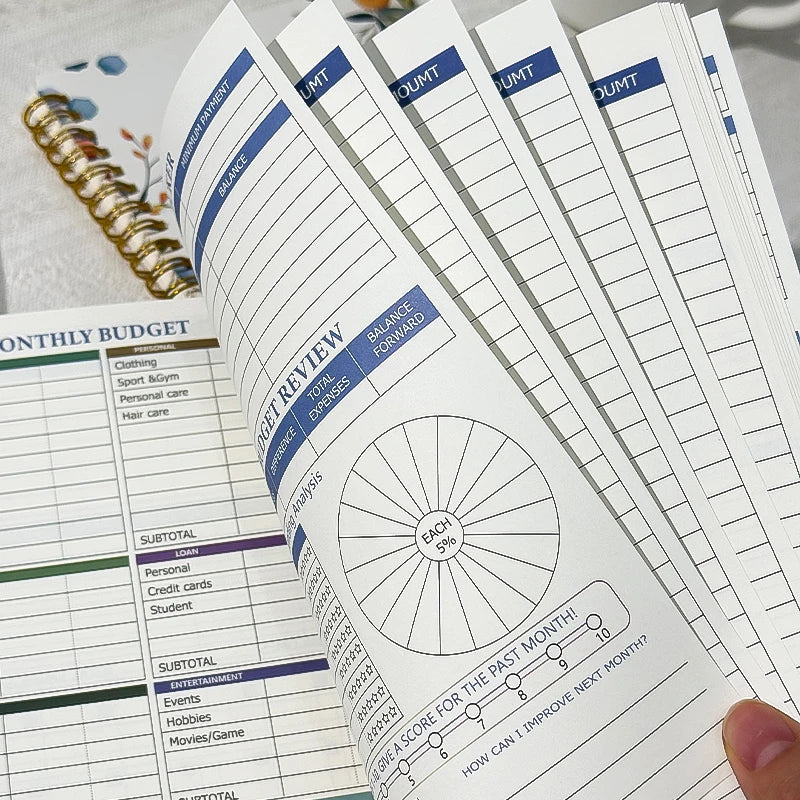 Floral Planner Notebook, Coiled Financial Ledger, Income & Expense Tracker for Budgeting, Ideal for Office Workers, Students Qme