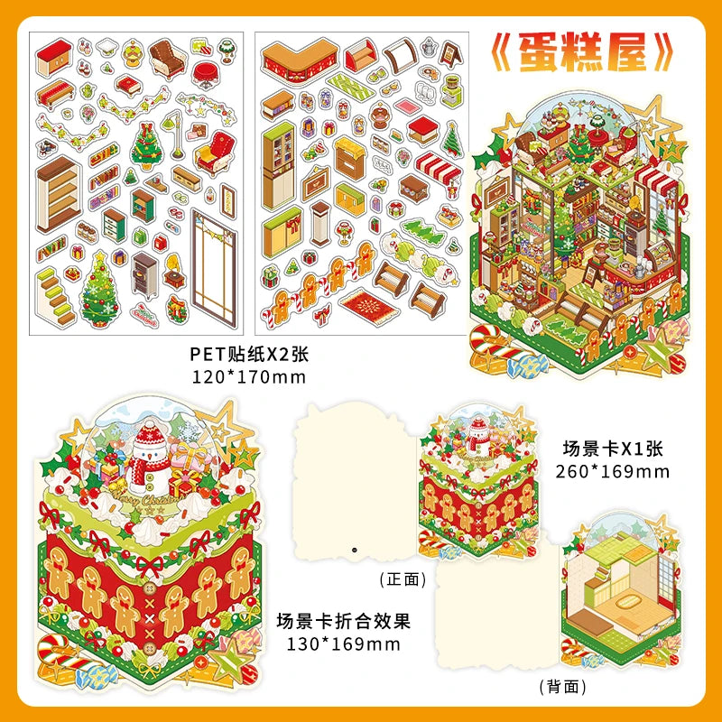 3sheets/bag Today's Business Series Happy Christmas Theme 2.5D PET White Card Diorama Stickers for Scrapbooking DIY Qme 1