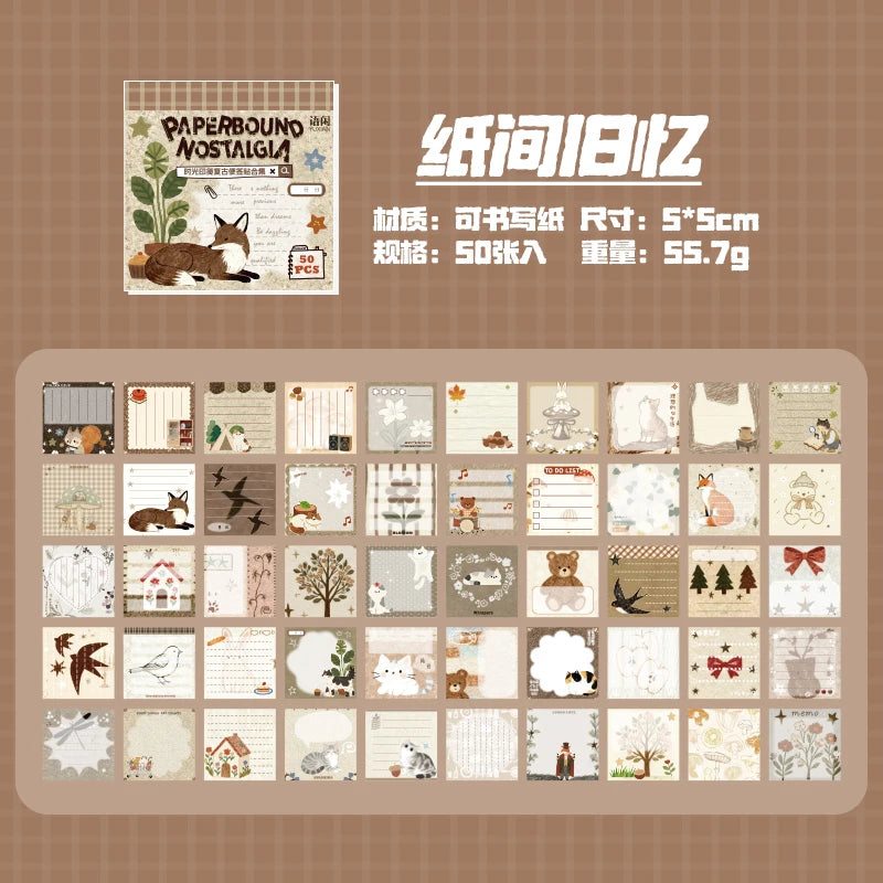 TIANZI 50 Sheets Retro Sticky Notes Sticker Book Cartoon Animal Journal supplies Collage Stickers Aesthetic Creative Stationery Qme D