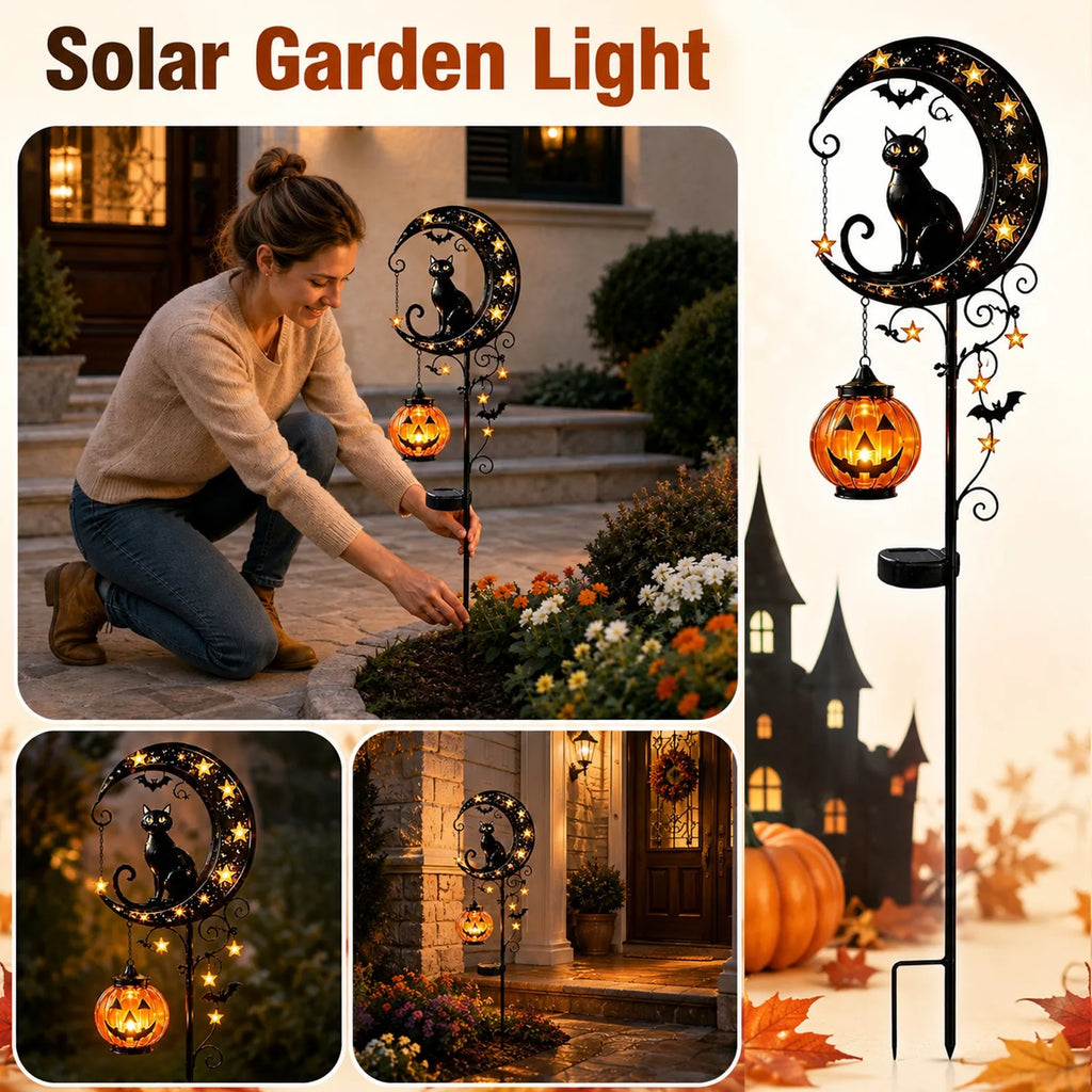 Halloween Black Cat Pumpkin Moon Garden Stake Light Solar Metal Pumpkin Stake Outdoor Garden Yard Decoration Qme