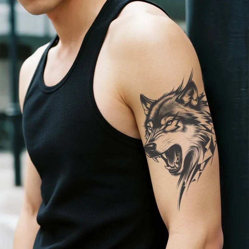 Tattoo Sticker Temporary Waterproof Long Lasting Body Art for Men Women Ins Scar Fake Tattoo Collarbone Arm Wolf Head Pattern Qme