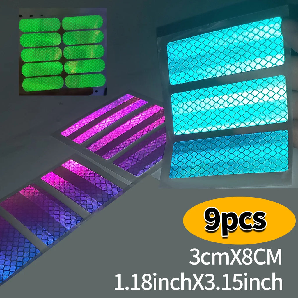 Seven-Color Laser Car Decoration Accessories Anti-Collision Reflective Warning Stickers for Car Motorcycle Wheels Qme 9pcs-3cmX8cm