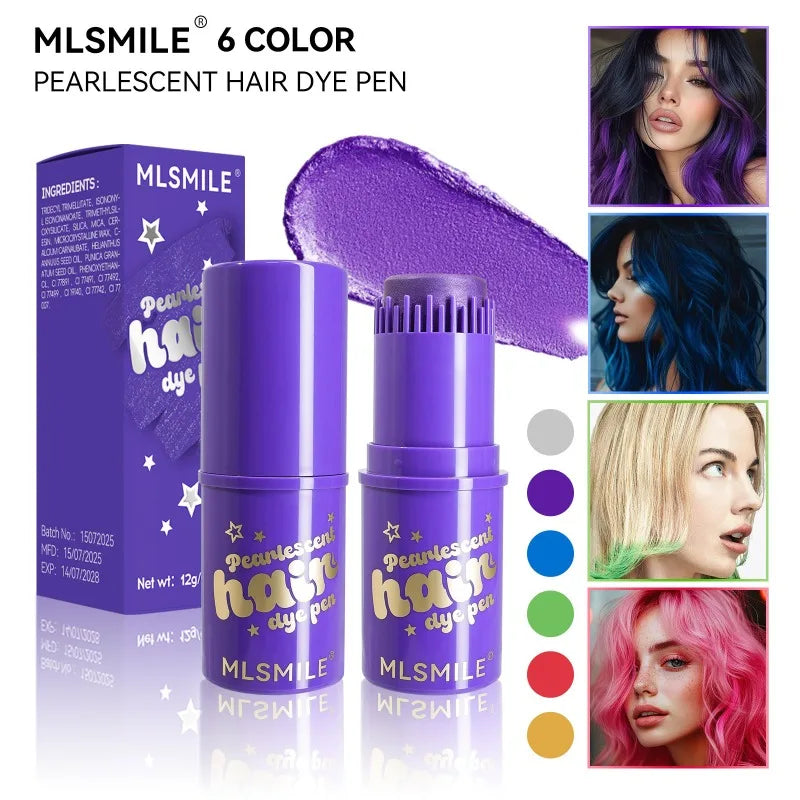6 Colors Temporary Hair Color Stick, Pearl Shimmer Comb Hair Dye Pen, Washable Waterproof Hair Chalk for Party Cosplay &Festival Qme