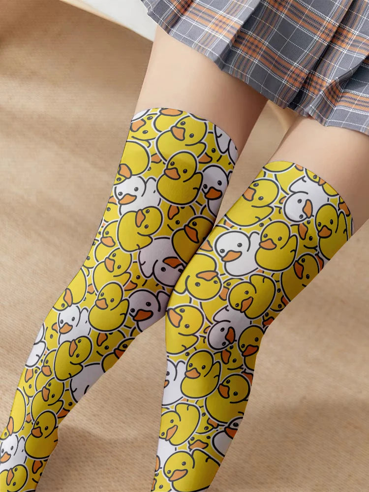 Fashion Yellow Cartoon Duck Women's Stockings 3d Printing Harajuku Qme