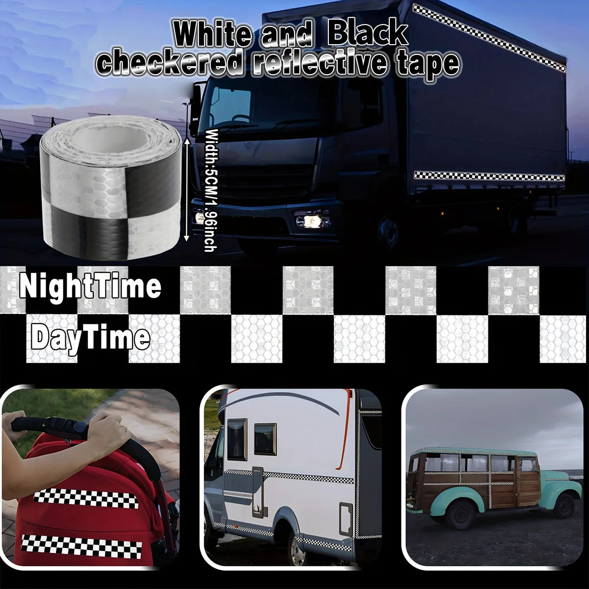  Reflective Sticker Car Safety Warning Tape for Bicycle Scooter Truck - Decorative Warning Marking Tools Qme White and Black 1m 5cm
