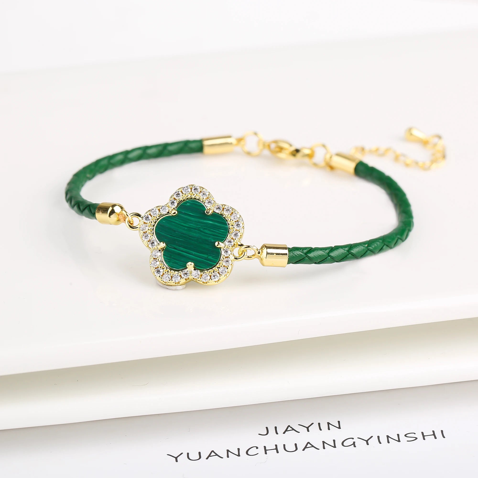 2024 Classic Shiny Zirconia Stone Five Leaf Flower Leather Braided