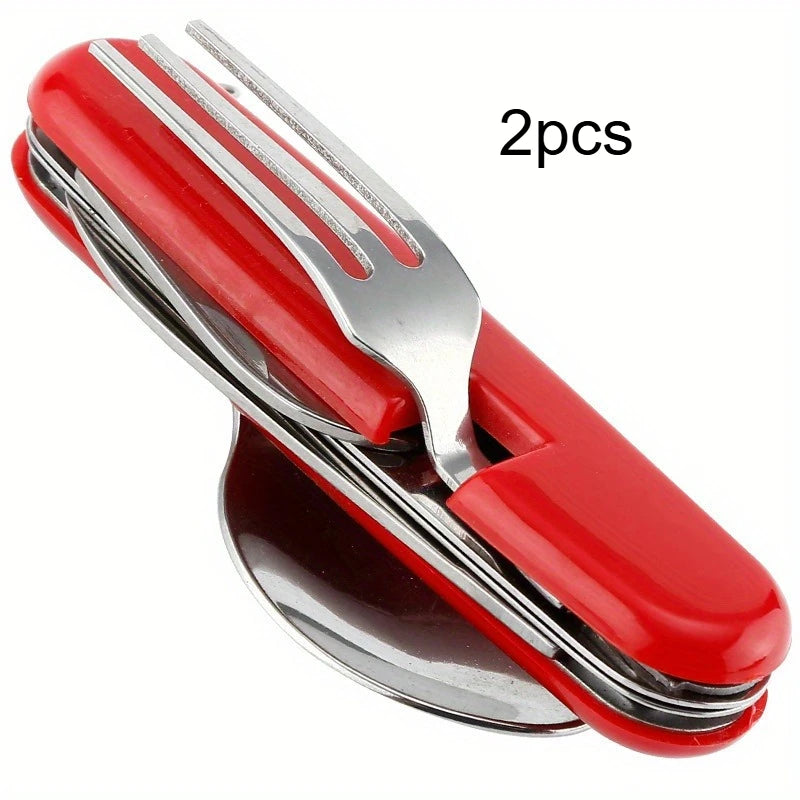 3 In 1 Folding Portable Cutlery Set Stainless Steel Spoon Fork Knife Combo Mini Compact Travel Camping Picnic Reusable Tableware Qme 2pcs