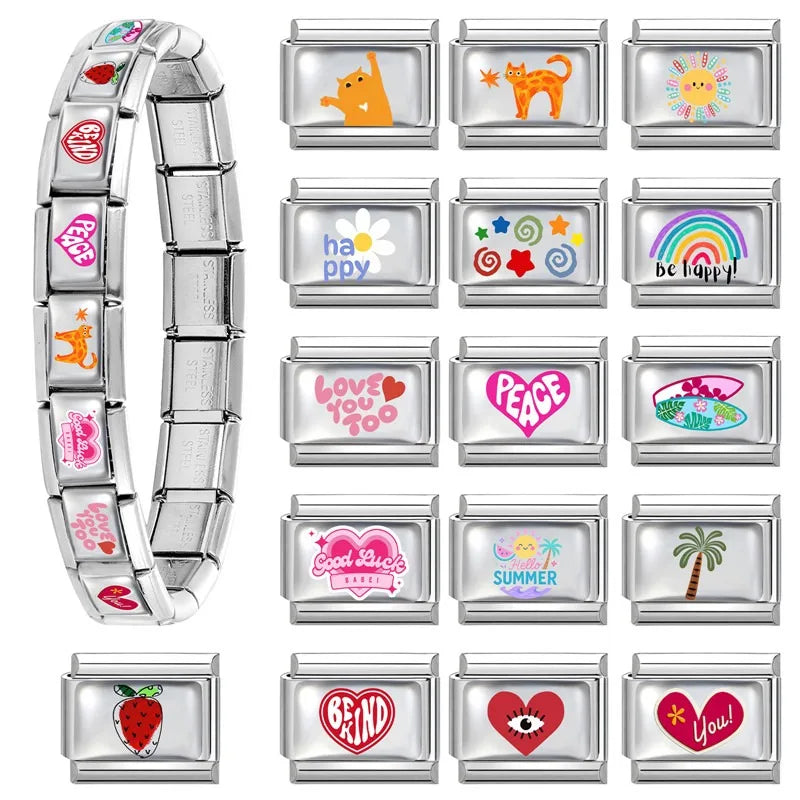 Colorful Rainbow Funny Cats Heart Pattern Flower Sun Italian Charm Links Fit 9mm Stainless Steel Bracelet Women DIY Making Gifts Qme