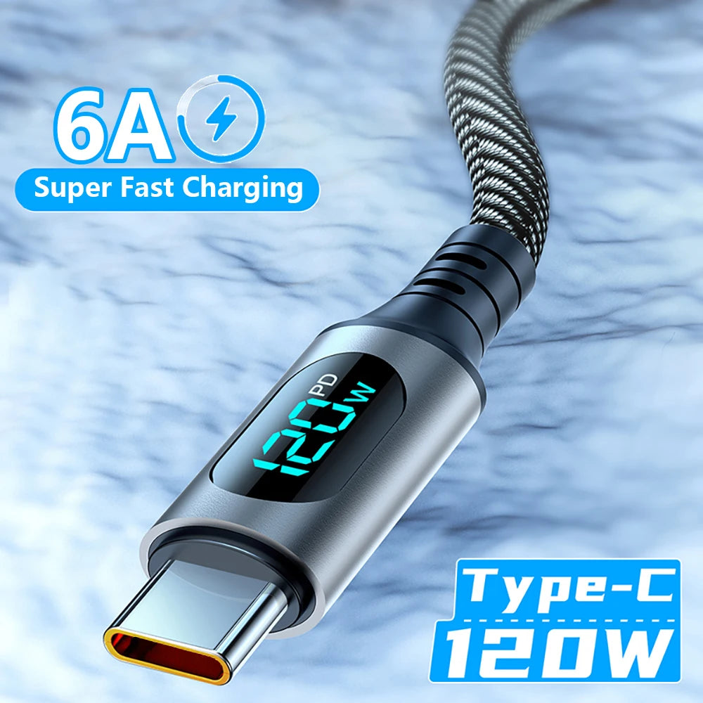 120W Type C Fast Charge Cable With Led Digital Display Cable6A Nylon Data Cord For Xiaomi Samsung iPhone Data Transmission Wire Qme