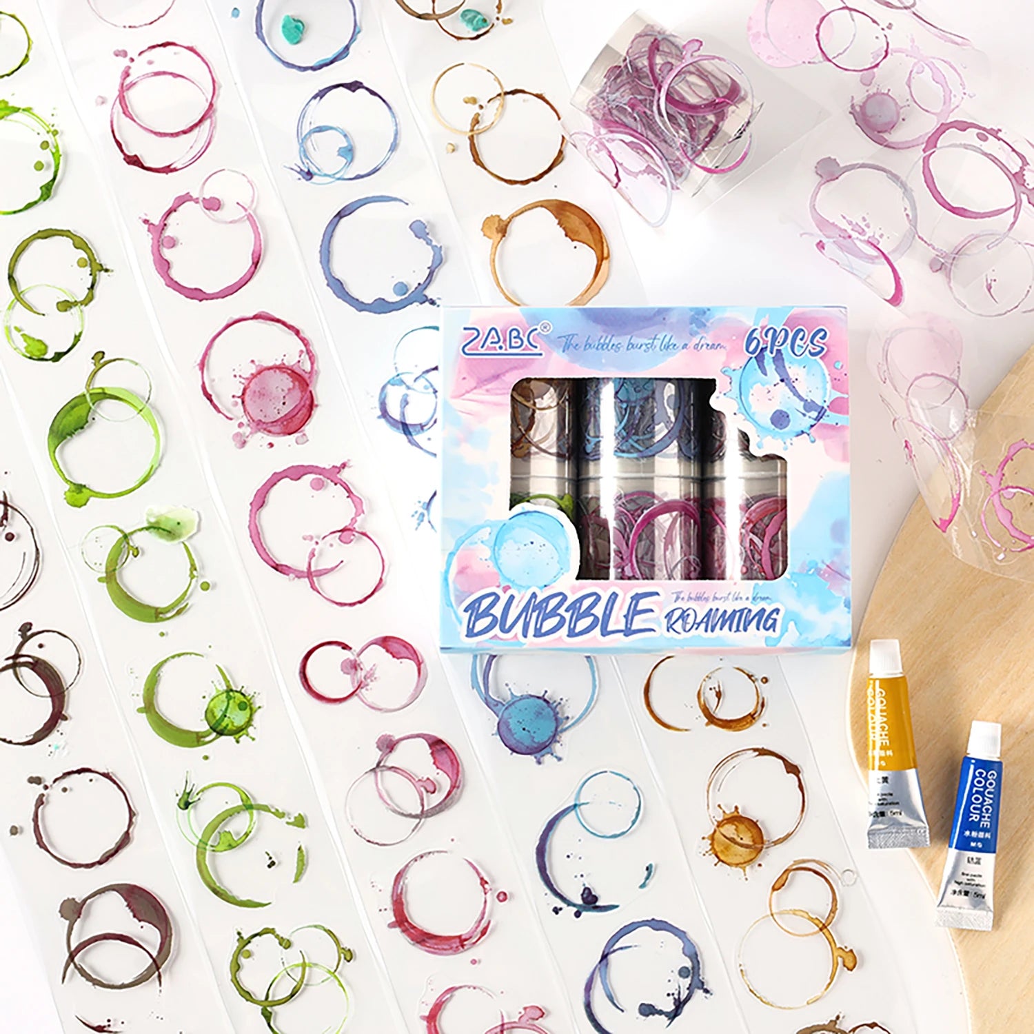 6 Rolls/Set Kawaii Stationery Colorful Bubble Themed Masking Tape for Journal Materials Collage Decorative Scrapbooking Stickers Qme