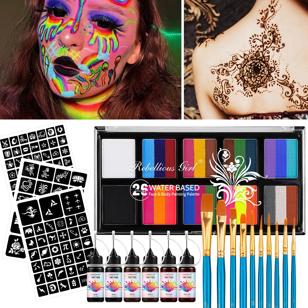26 Colors Face Body Paint Palette 9 Painting Brushes 3 Sheets Qme