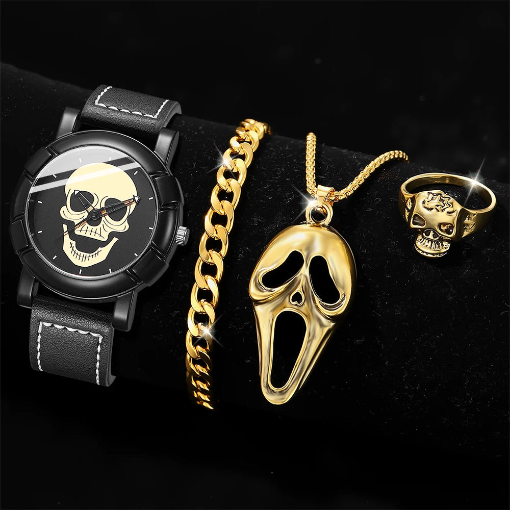 4PCS/SET Men's Watch Fashion Trend Halloween Elements Round Dial Quartz Watch Bracelet Necklace Ring Set Perfect Holiday Gift Qme black