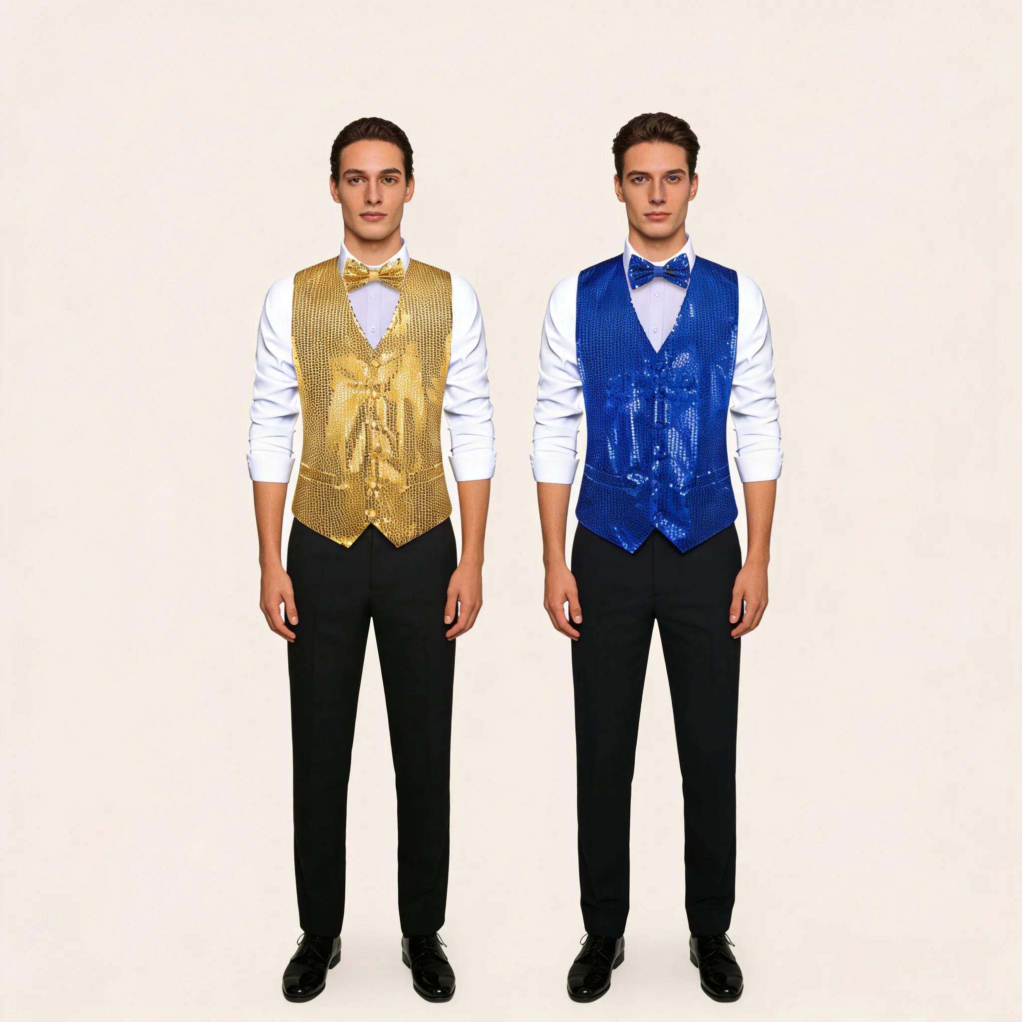 Elegant Sparkling Sequin Vest & Bow Tie Set – 3 Bold Color Choices for Party, Disco, Stage Wedding Guest Outfits Qme