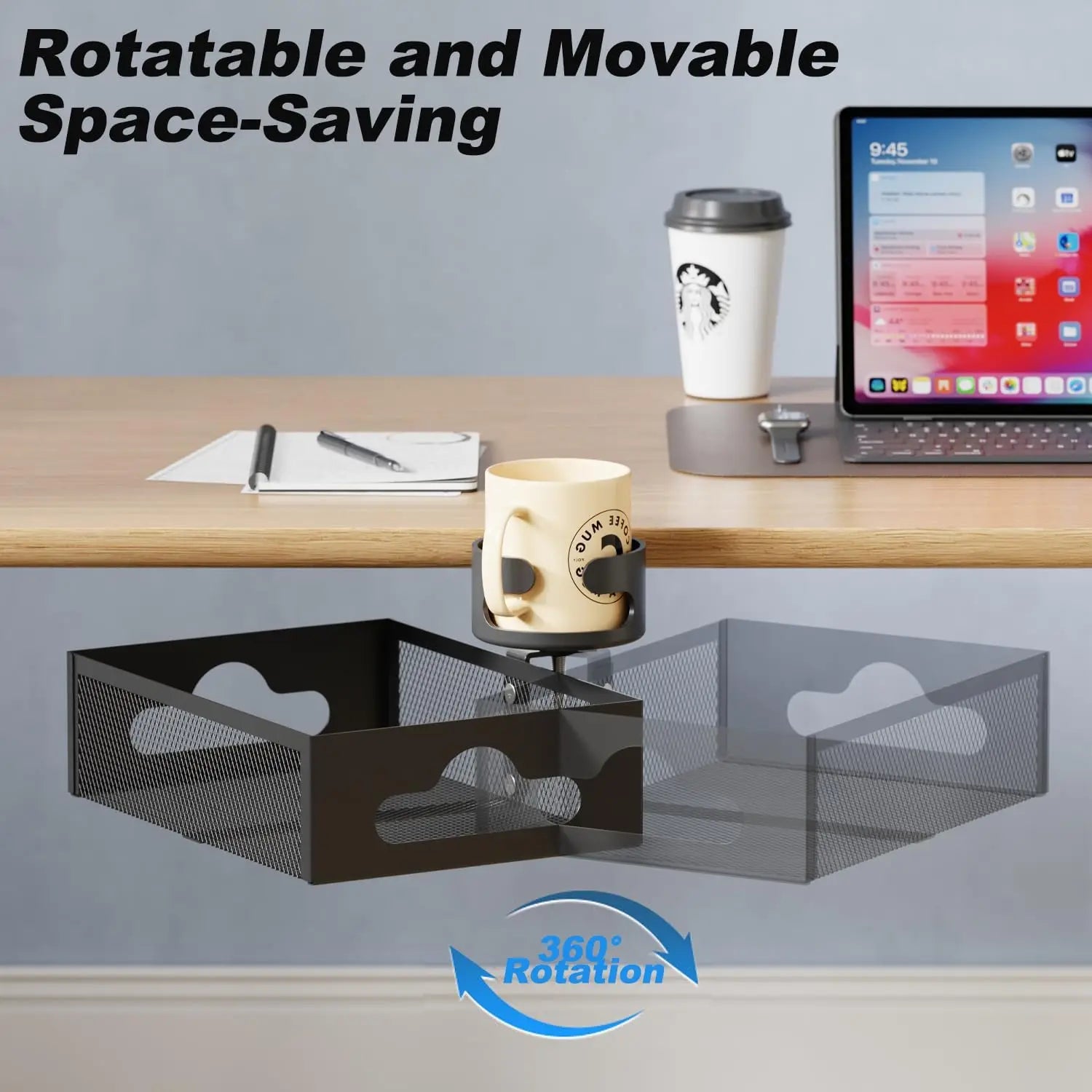 360° Rotary Under Desk Drawer With Cup Holder, 2 in 1 Anti-Spill Cup Holder & Storage Rack, Punch Free Metal Storage Box Qme