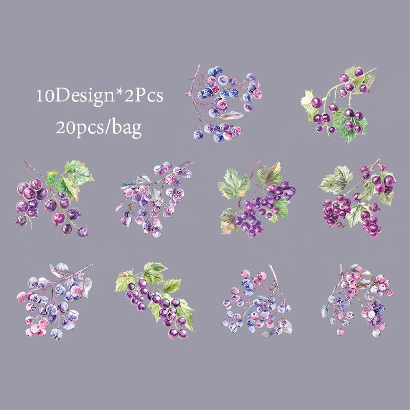 20 Sheets/Bag PET Shell Light Stickers Plant Fruit Pattern Sticker For Hand-Collage Material DIY Greeting Card Cup Decoration Qme 3